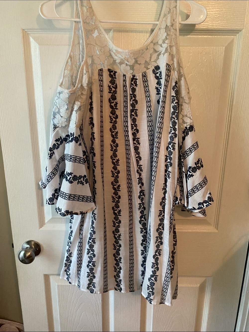 Trixxi White Dress with Navy Floral Stripe & Lace Yoke